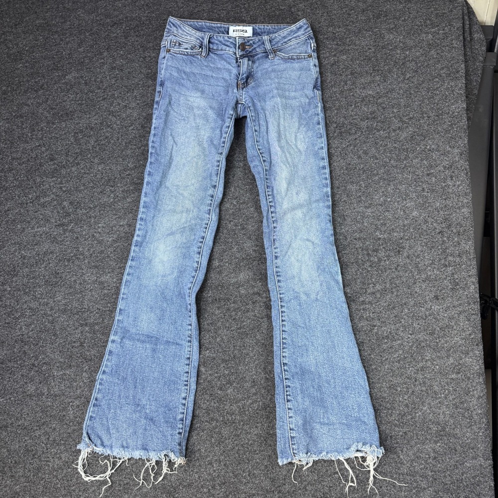 RSQ Low Rise Flared Jeans Womens 23 Blue Denim Cotton Stretch Casual Frayed Hem